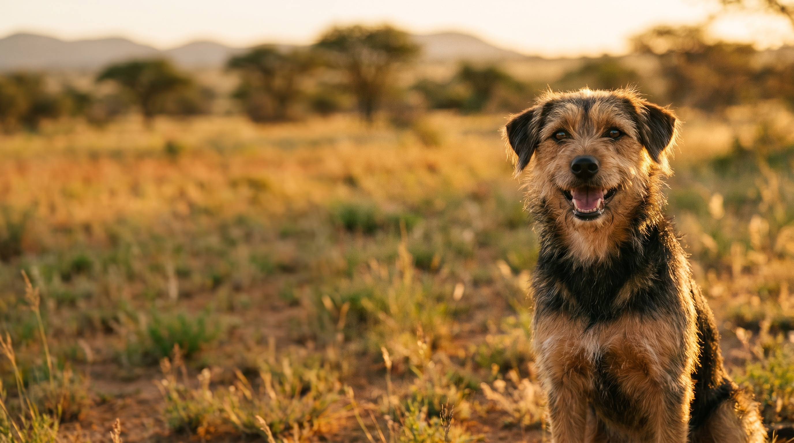A happy rescue dog in the warm golden light of the Namibian savanna